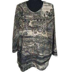 Chico’s Beaded Dolman Sleeve Sweater Top Sz 1 M 8 Tan Brown Green